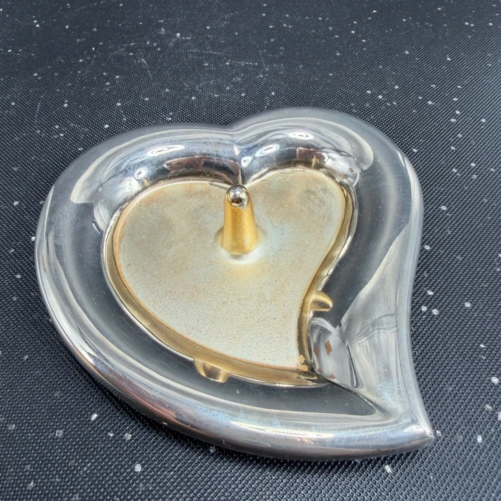 Lenox Heart Shaped Ring Holder Silver Gold Tone Metal Jewelry Trinket Dish 4in